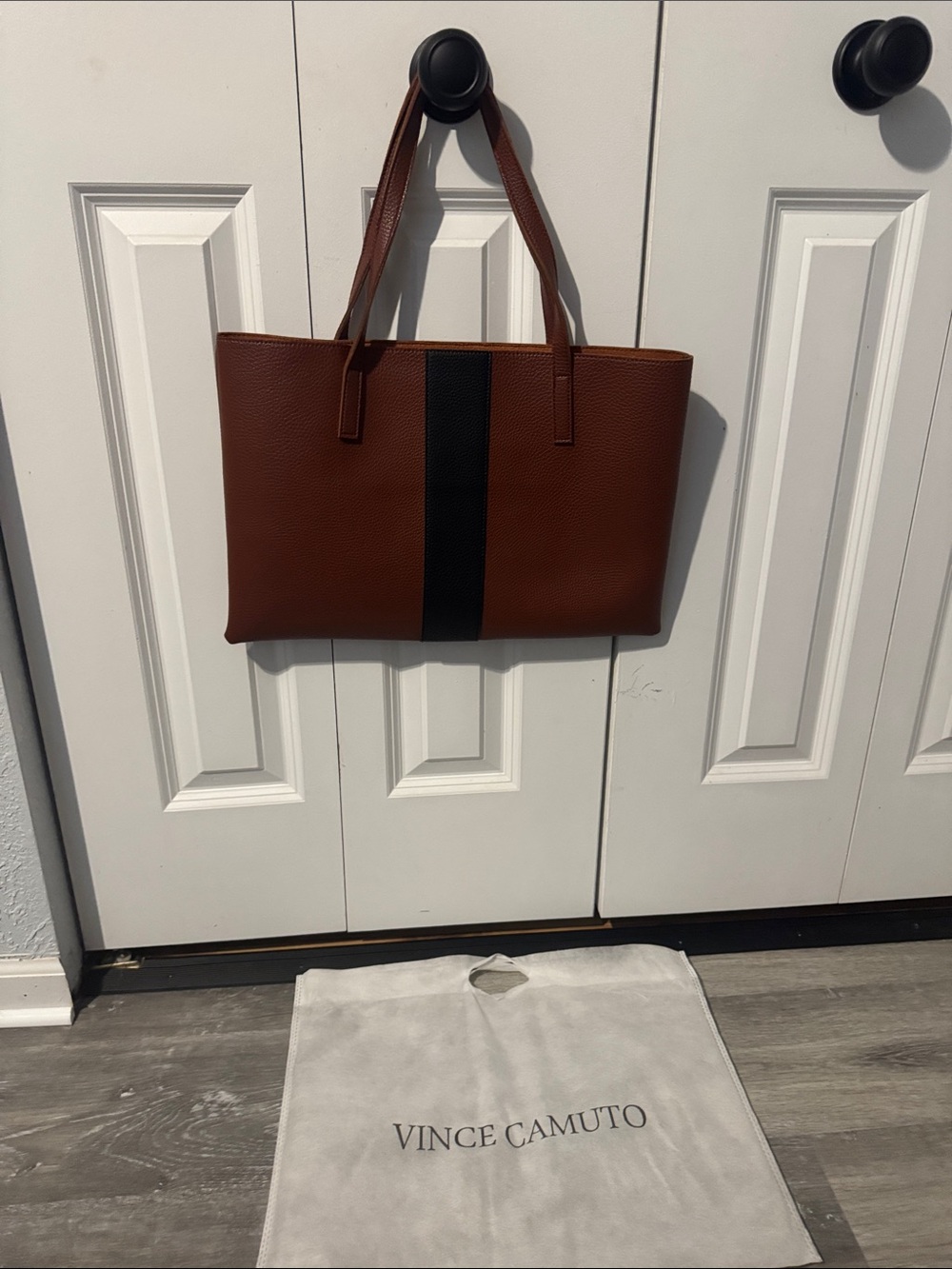 Vince Camuto Chestnut Tote with Black Center Stripe